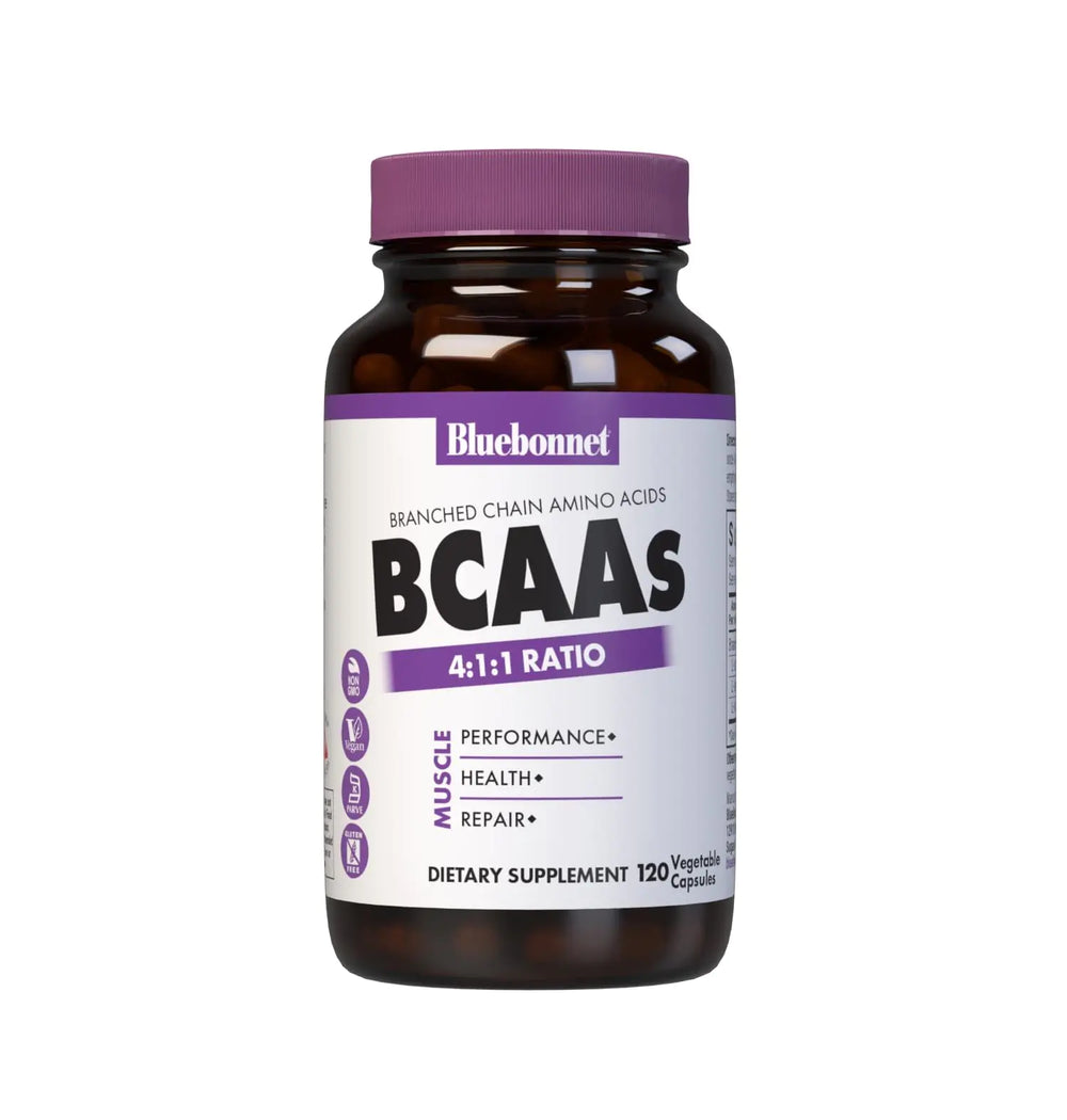 Bluebonnet Nutrition BCAAs 4:1:1 Ratio Muscle Performance* Muscle Health* Muscle Repair* Non-GMO Vegan Kosher Certified Gluten-Free Soy-Free Dairy-Free 120 Vegetable Capsules 30 Servings